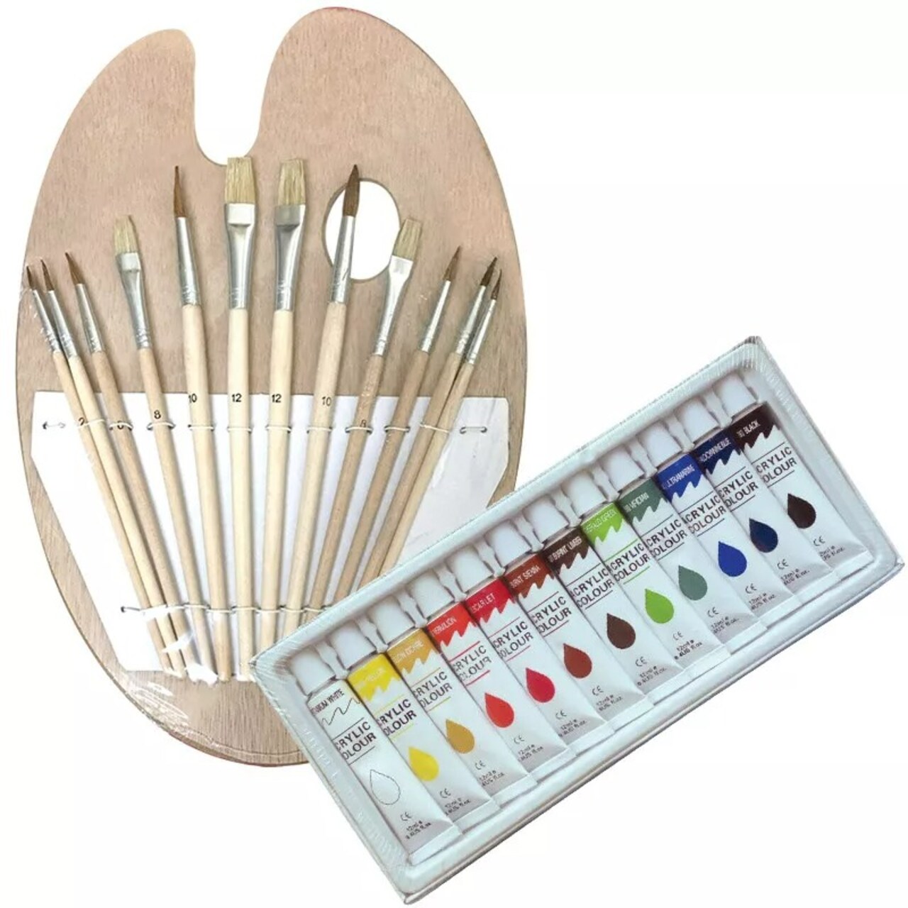 12 ACRYLIC COLOR Painting Paint Set + 12 Brush Set with Wood Palette Artist SET